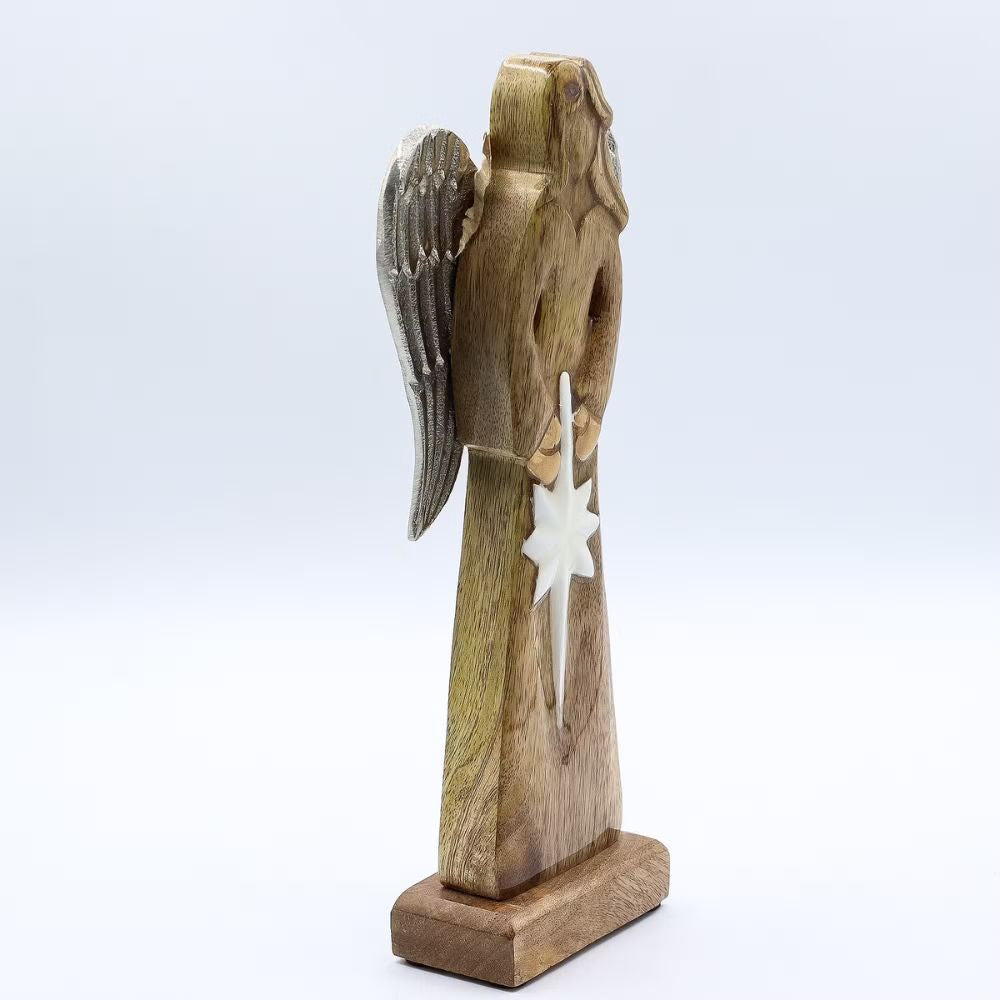Mango Wood Angel with Silver Wings – Peace and Grace