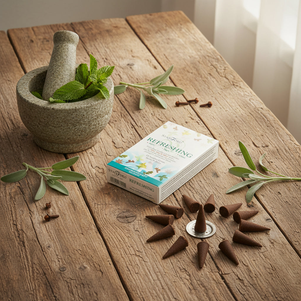 A box of incense cones with the text 'REFRESHING' on the cover, alongside an arrangement of dark brown incense cones displayed in a circular pattern with a holder in the center.