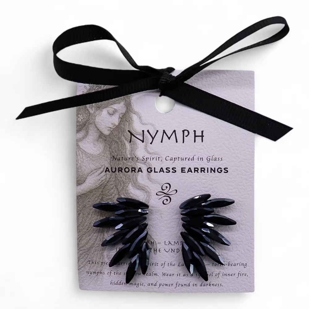 Aurora glass earrings packaging with black ribbon on a white background