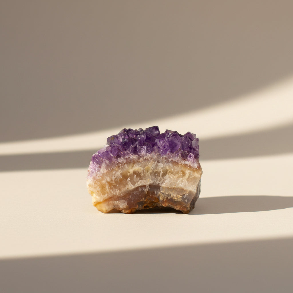 A small natural high-grade amethyst crystal cluster against a white background.