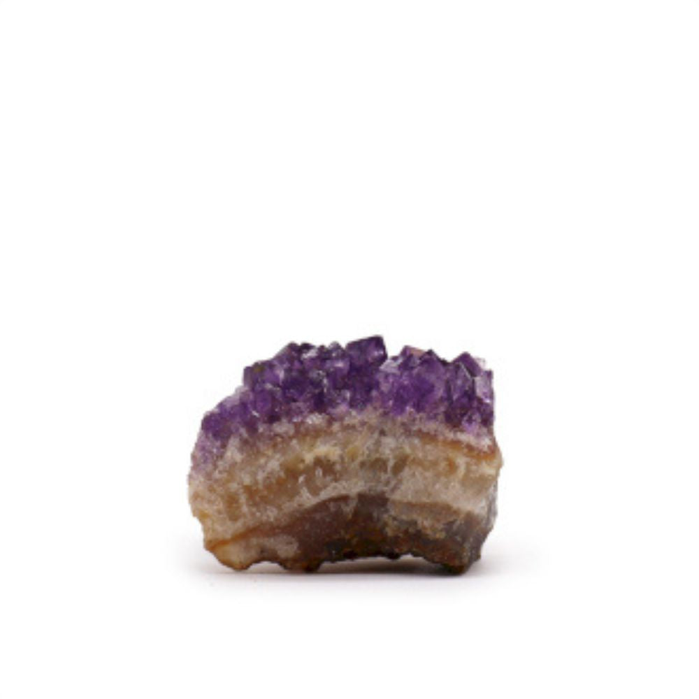 A small natural high-grade amethyst crystal cluster against a white background.