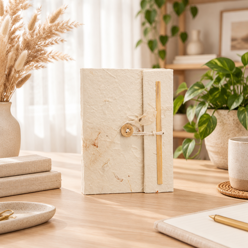 Handmade Himalayan Lokta Notebook – Pressed Botanical Design