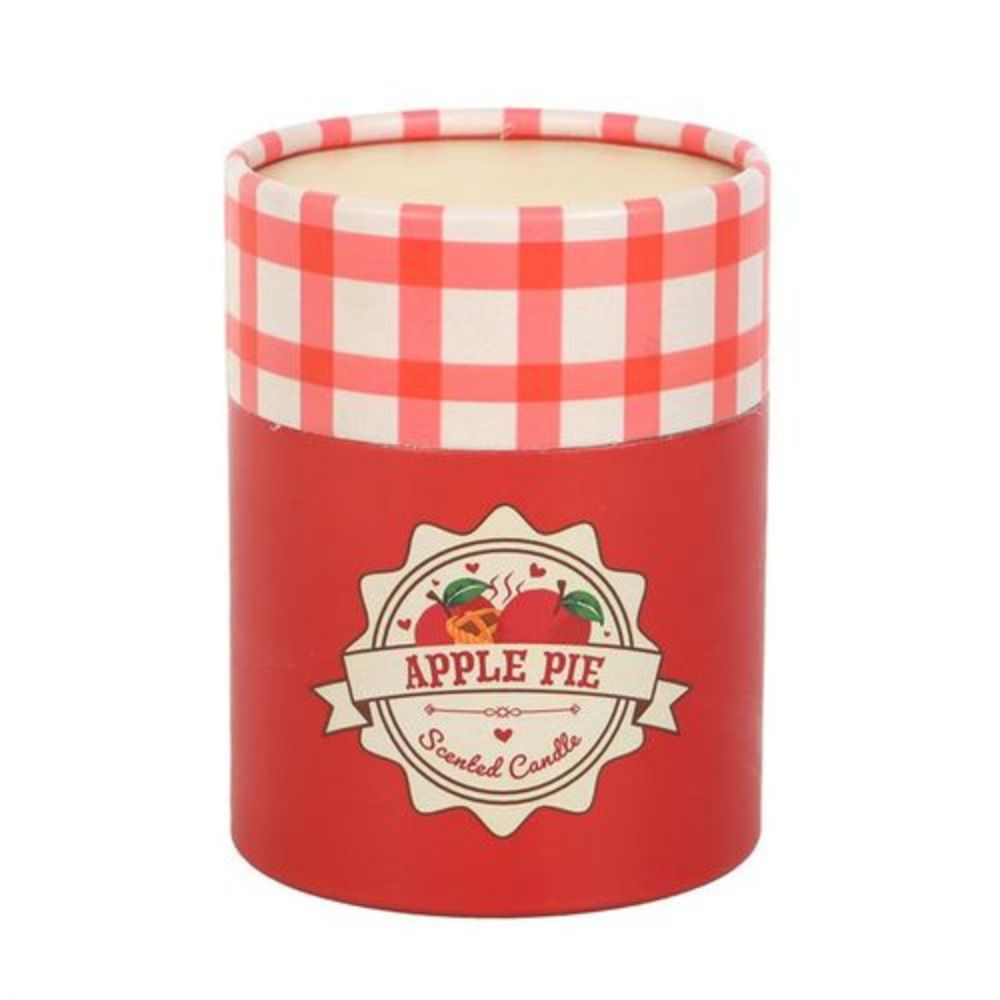 Red candle container with checkered lid featuring 'Apple Pie' branding on a white background