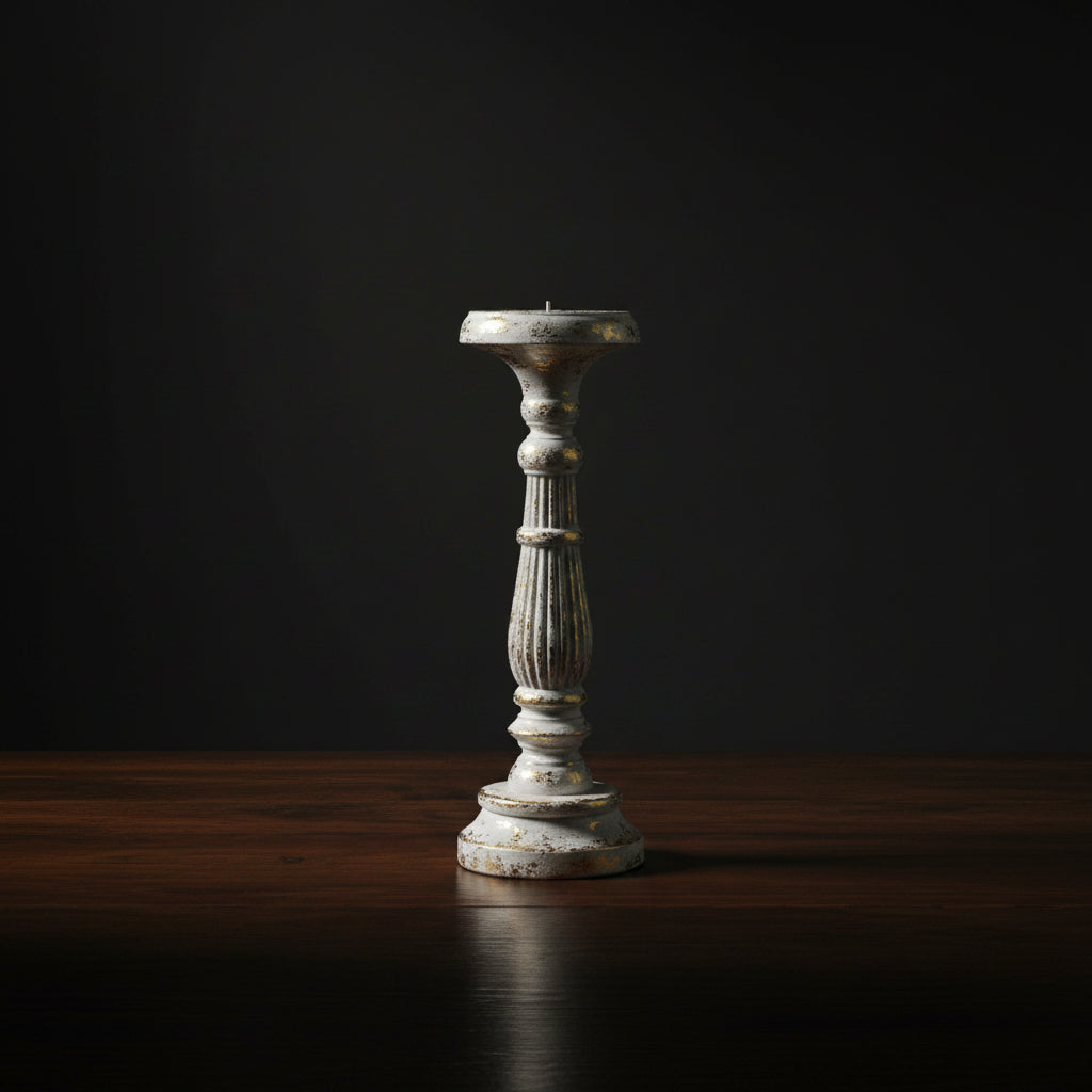 A set of three hand-carved wooden candlesticks with a vintage finish, displaying visible wood grain and carvings, in an indoor setting with lit candles on top.
