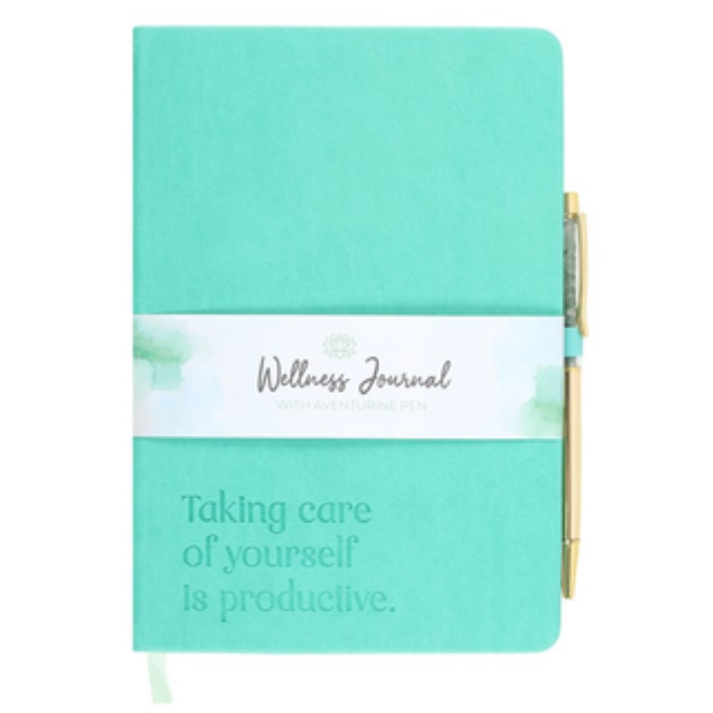 Turquoise wellness journal with a motivational quote on a white background