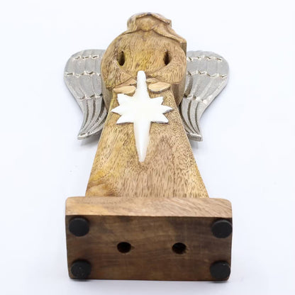 Mango Wood Angel with Silver Wings – Peace and Grace