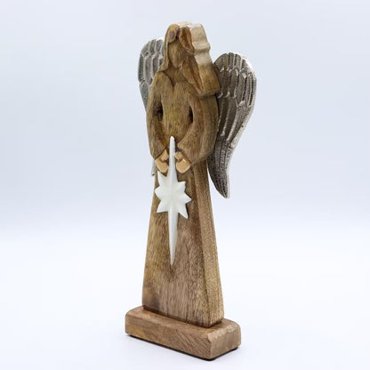 Mango Wood Angel with Silver Wings – Peace and Grace
