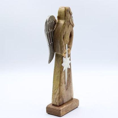 Mango Wood Angel with Silver Wings – Peace and Grace