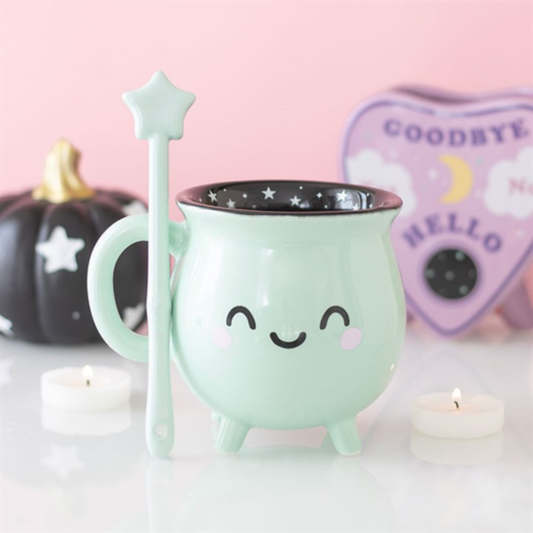 Pastel Mint Cauldron Mug with Magic Wand Stirrer