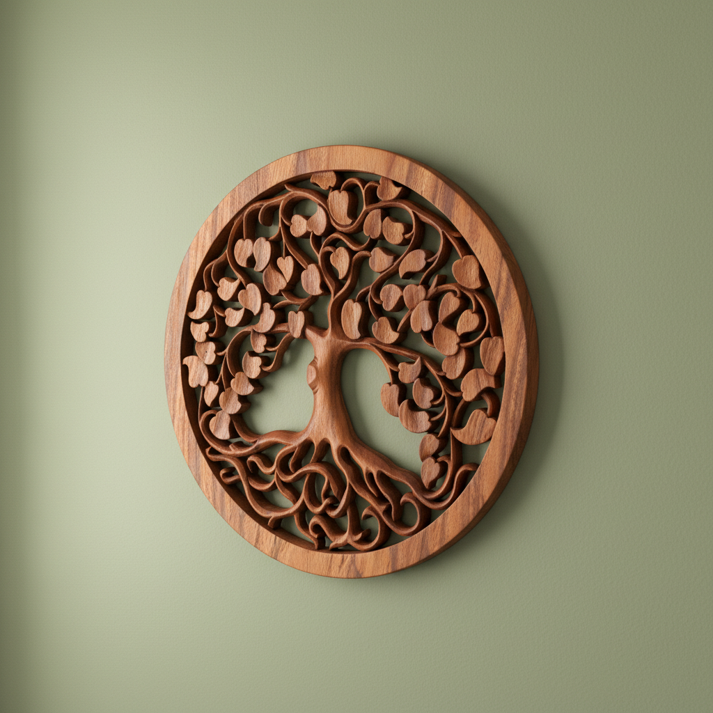 A hand-carved wooden panel depicting the 'Tree of Life' with intricate detailing on a circular shape.