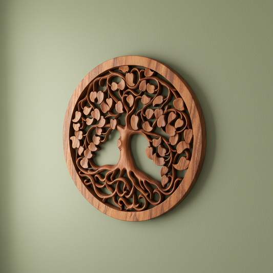 A hand-carved wooden panel depicting the 'Tree of Life' with intricate detailing on a circular shape.