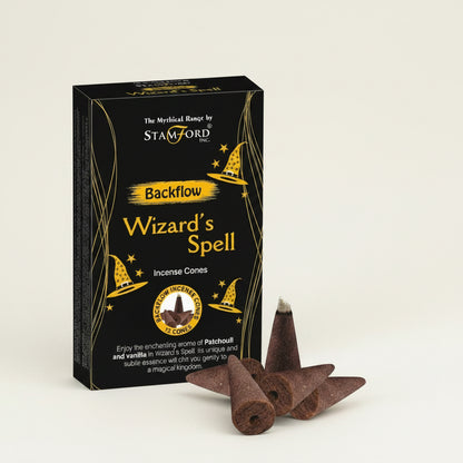 Packaging box of 'Mythical Backflow Cones' with the product name 'Wizard's Spell' incense cones displayed in front. The box is black with gold and yellow text and cones are brown.