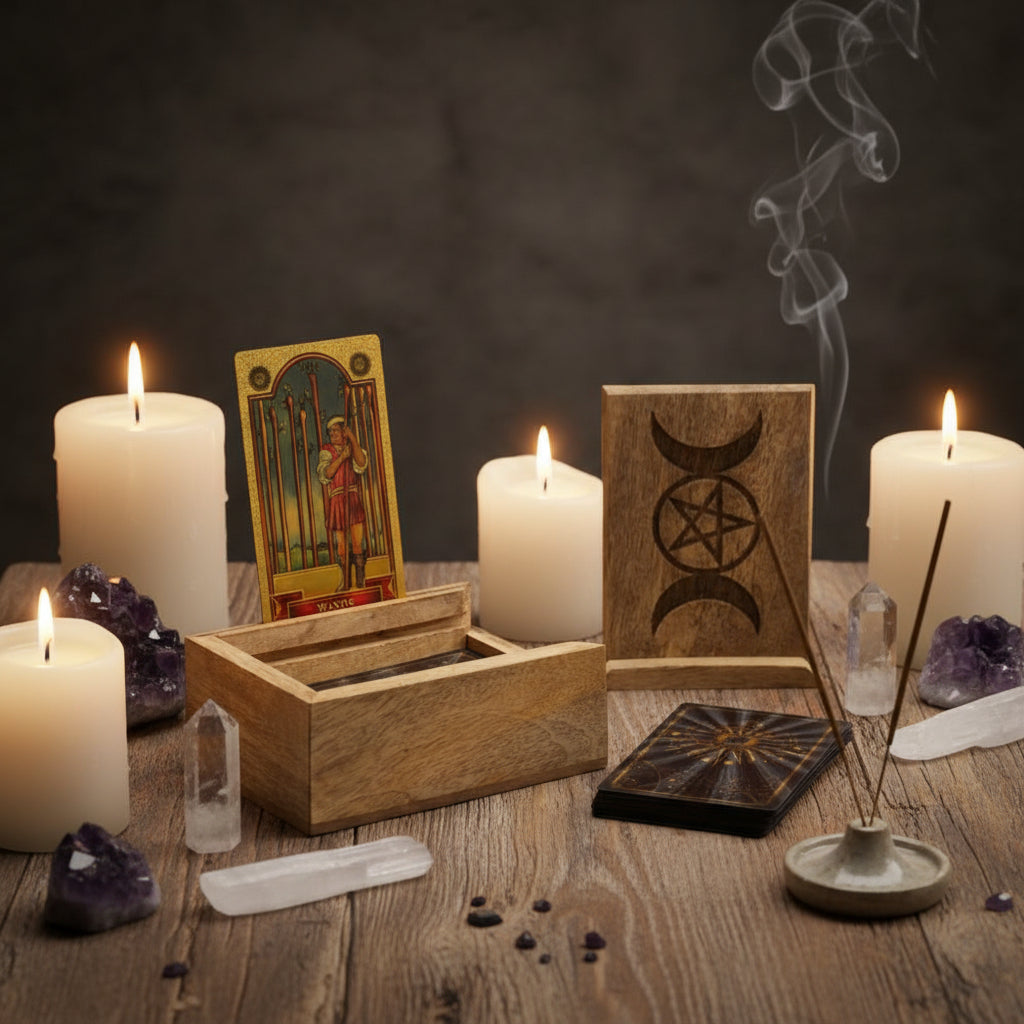 Handcrafted Tarot Box with Triple Moon design