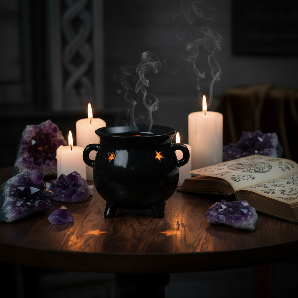A glossy black cauldron-shaped planter or pot with two side handles and three short legs, featuring star-shaped cutouts on the front, shown against a plain white background.