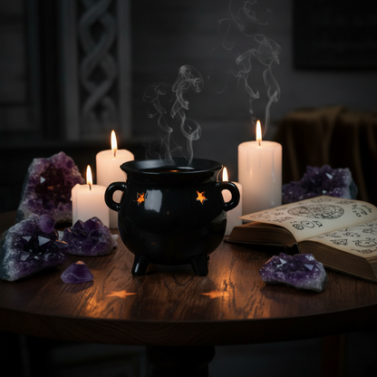 A glossy black cauldron-shaped planter or pot with two side handles and three short legs, featuring star-shaped cutouts on the front, shown against a plain white background.
