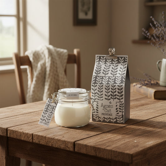 Soy wax candle in a glass jar with a patterned label and packaging on a white background