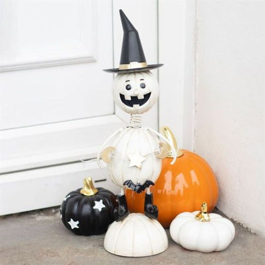 Pumpkin Ghost Man Ornament – With Witch Hat & Wire Arms