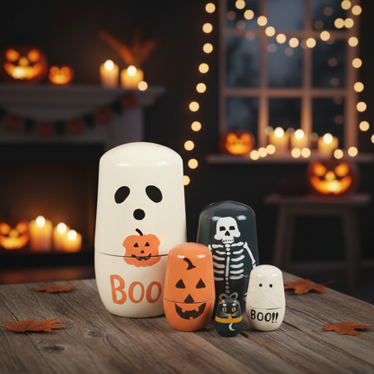 Halloween-themed nesting dolls on a wooden table, featuring a large cream ghost doll with a jack-o'-lantern, a black skeleton doll, an orange jack-o'-lantern, and a small white ghost doll, with a warm, festive background of blurred lights and pumpkins.