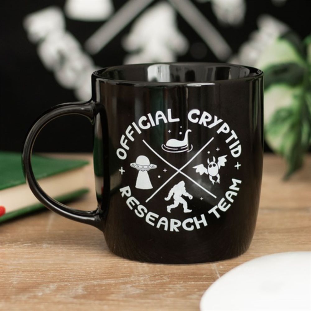Black mug with 'Official Cryptid Research Team' design on a wooden surface