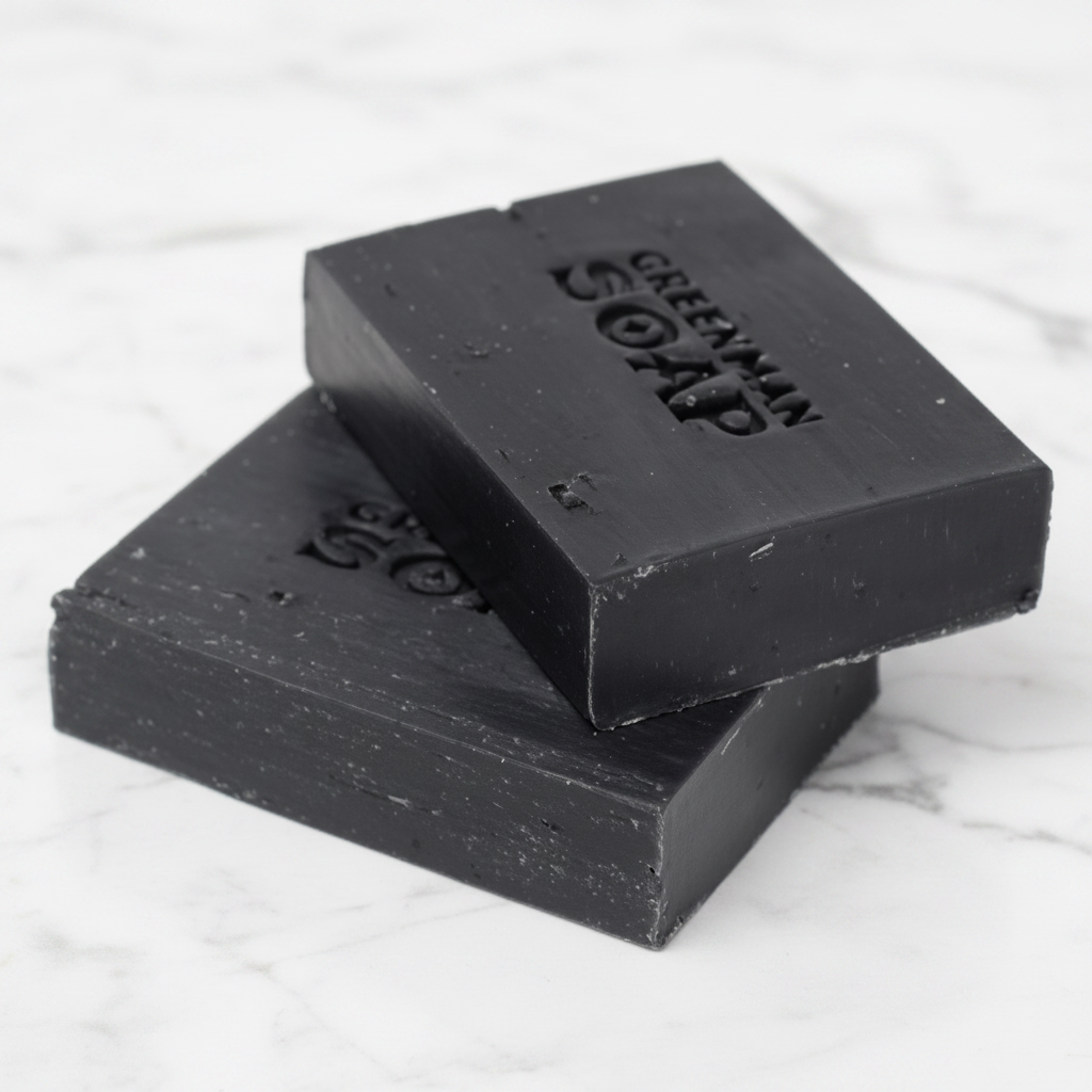 Two bars of black soap stacked on a white background with 'Greenman Soap' branding.