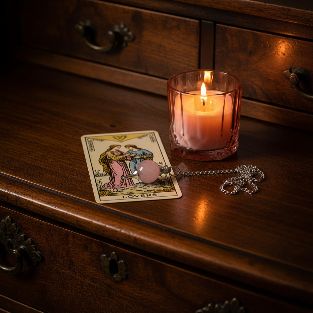 A tarot card pendant necklace with a pink heart-shaped stone and silver chain lies on a dark wooden dresser next to a lit candle in a glass holder.