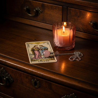 A tarot card pendant necklace with a pink heart-shaped stone and silver chain lies on a dark wooden dresser next to a lit candle in a glass holder.