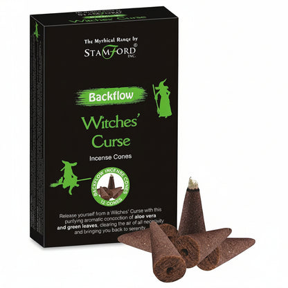 Packaging box of 'Mythical Backflow Cones' with the product name 'Wizard's Spell' incense cones displayed in front. The box is black with gold and yellow text and cones are brown.