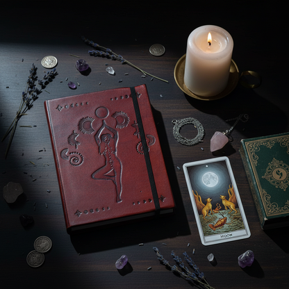 Cosmic Goddess Leather Notebook – Moon Phase Journal with Strap