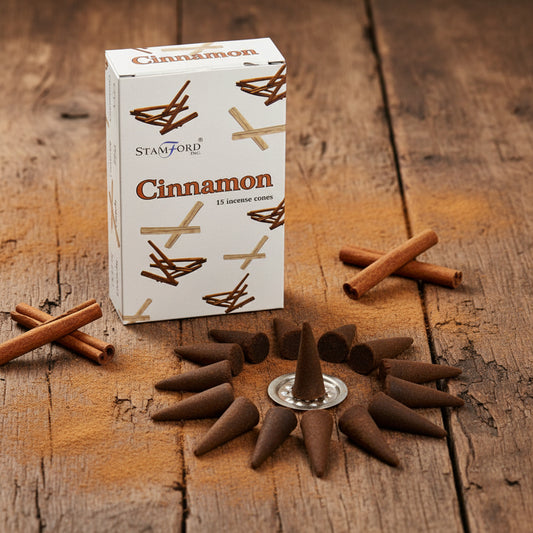 A box of Stamford Premium Incense Cones with strawberry flavor, alongside multiple incense cones displayed in a circular pattern on a holder.