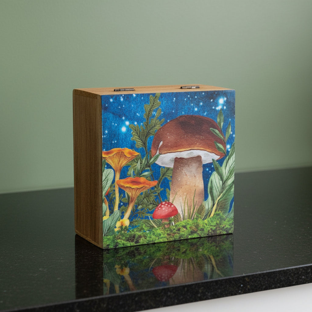 A handcrafted wooden keepsake box with a fairy-tale like illustration featuring mushrooms and a forest scene.