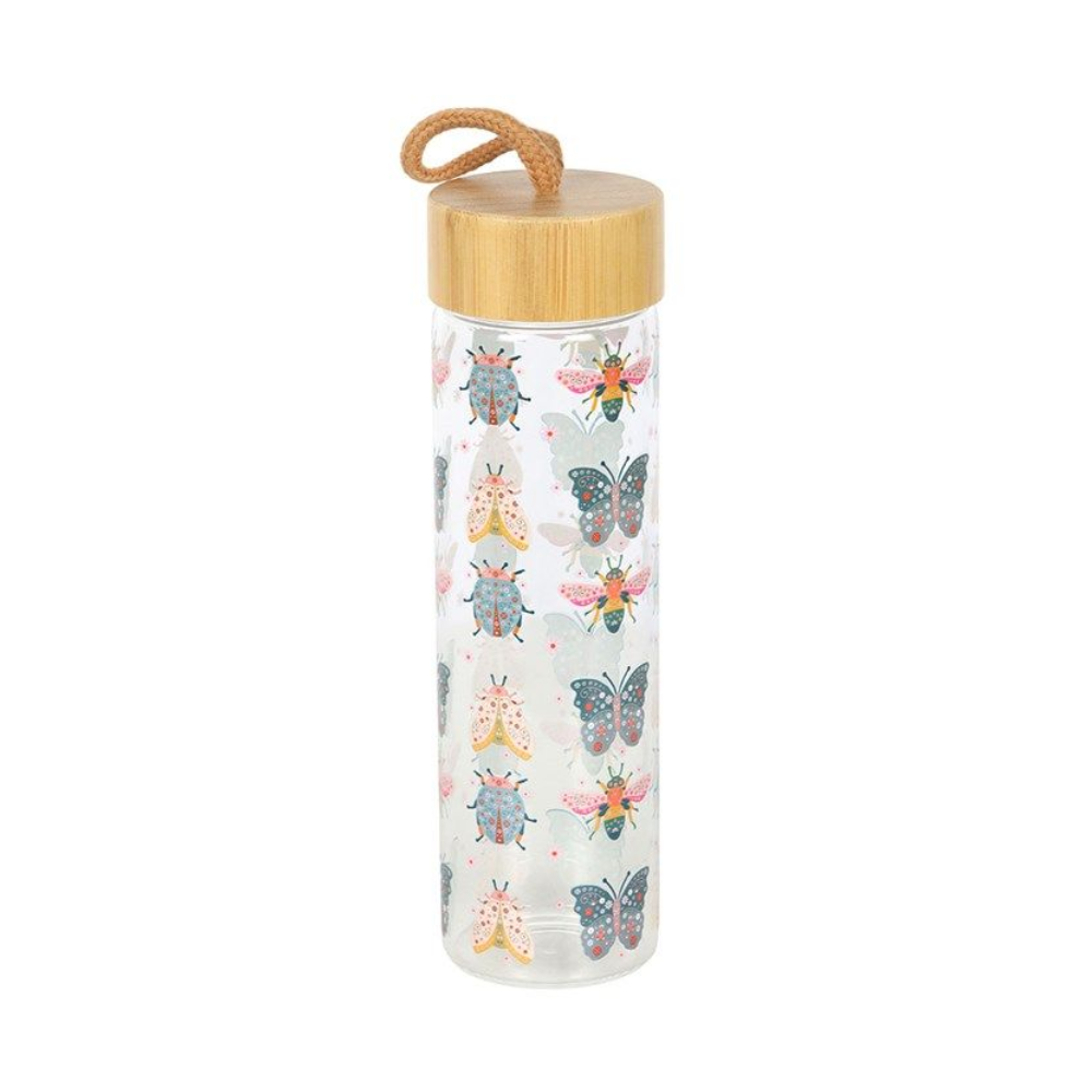 Floral Bug Print Glass Water Bottle