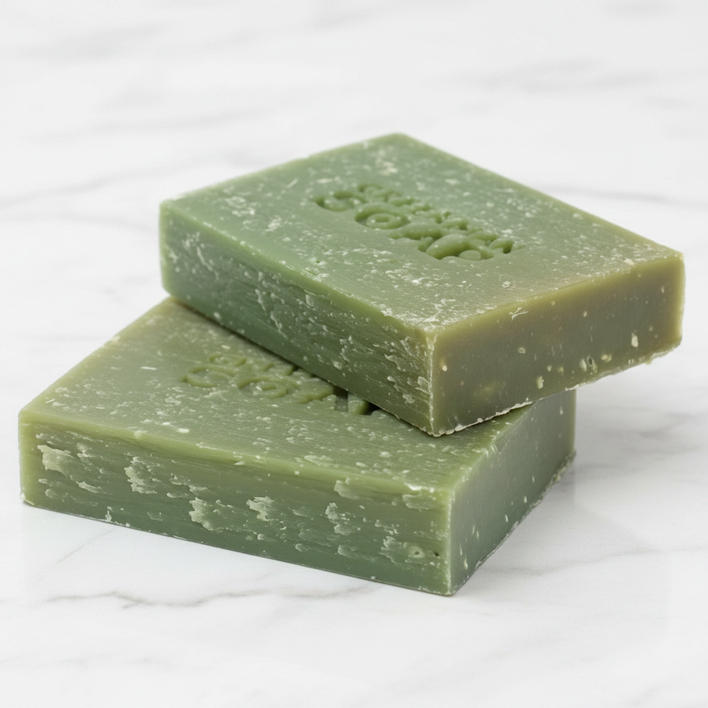 Two green bars of soap stacked on a white background