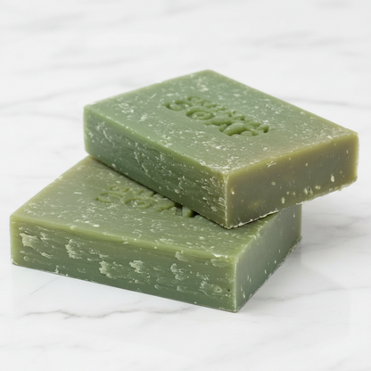Two green bars of soap stacked on a white background