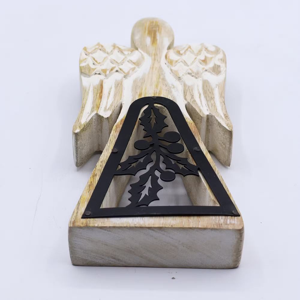 Mango Wood Angel with Iron Holly detailing.