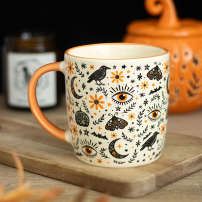 Frightful Folk Halloween Mug – Ravens, Moths & Moon Design