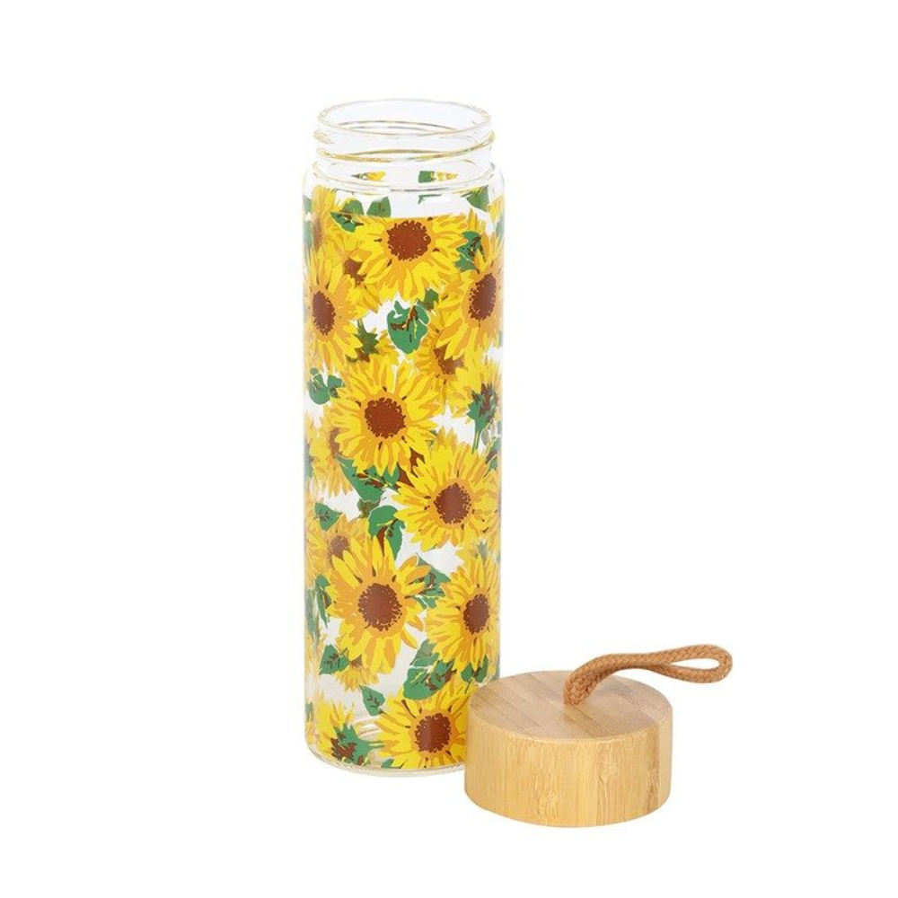 Sunflower Print Glass Water Bottle