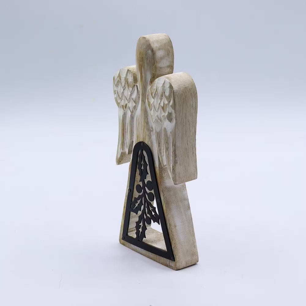 Mango Wood Angel with Iron Holly detailing.