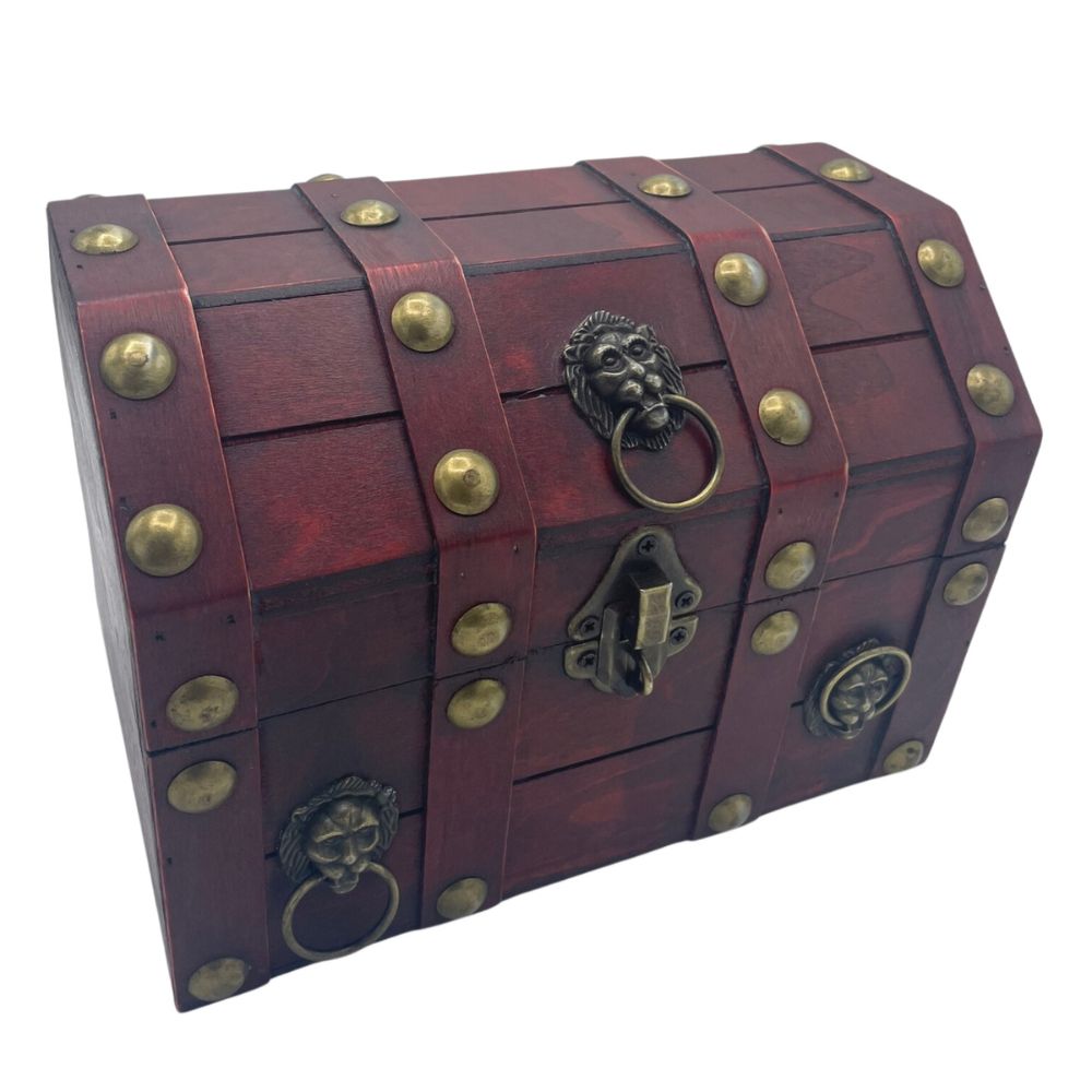 A large blue wooden treasure chest with brass fittings, featuring lion head handles and a metal lock.