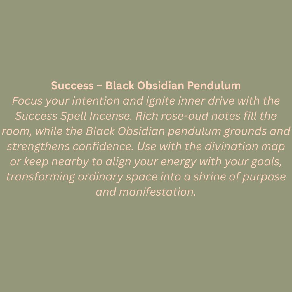 Text description of a success spell incense and black obsidian pendulum on a green background