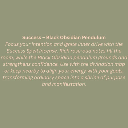 Text description of a success spell incense and black obsidian pendulum on a green background