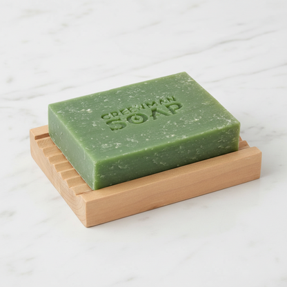 Green bar of soap on a wooden soap dish with 'Greenman Soap' branding.