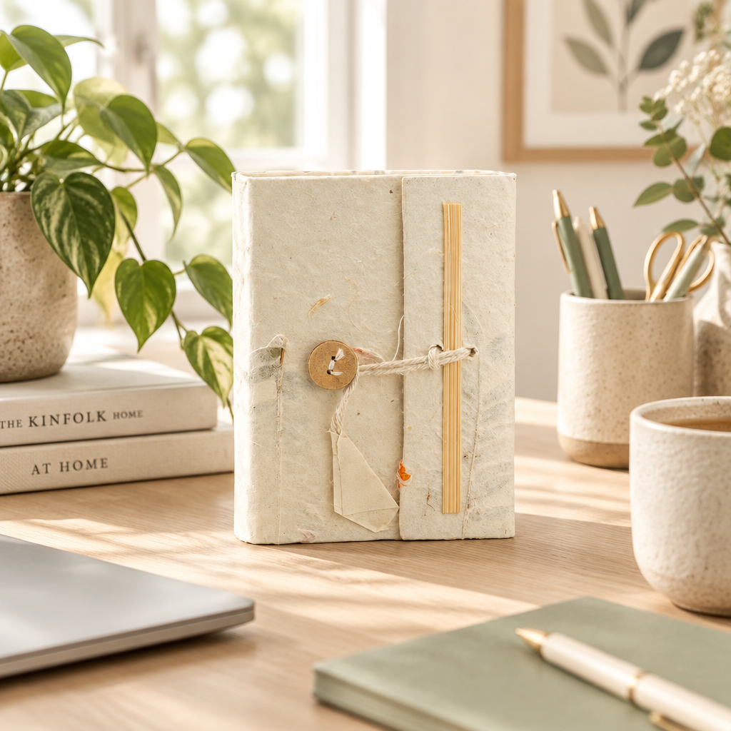 Handmade Himalayan Lokta Notebook – Pressed Botanical Design