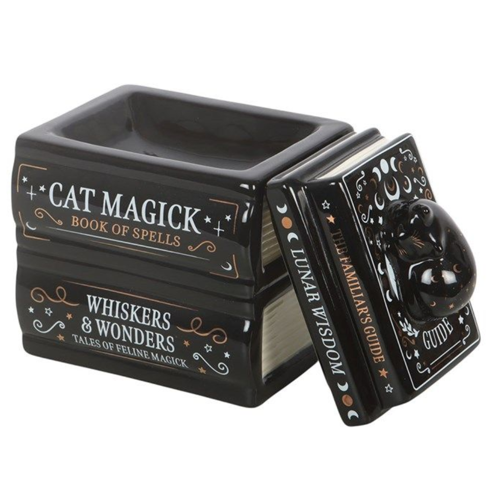 Book Stack Oil Burner with Black Cat