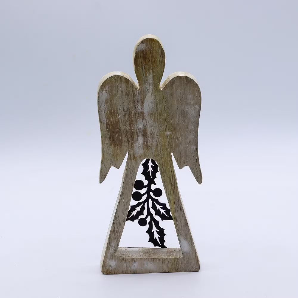 Mango Wood Angel with Iron Holly detailing.