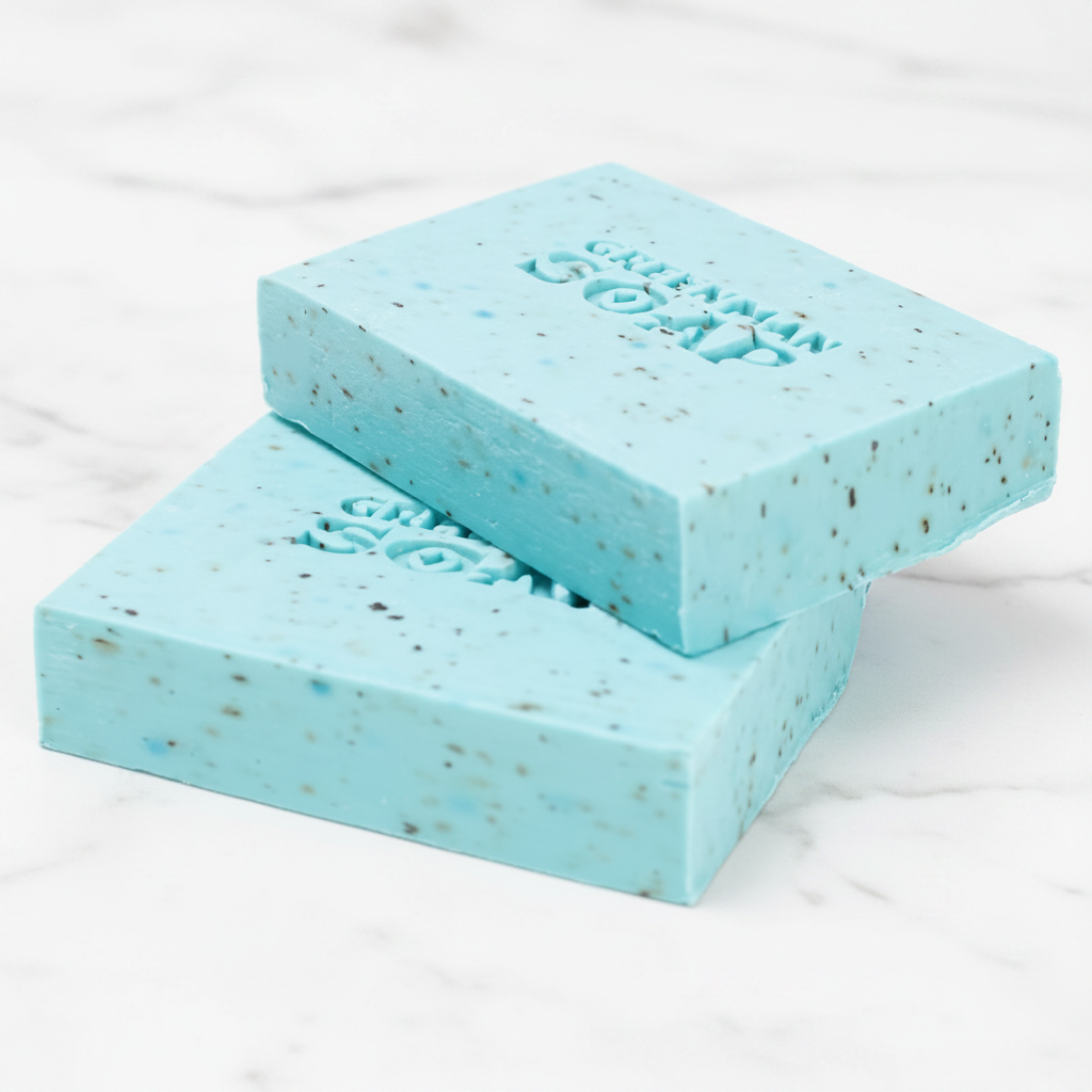 Two blocks of light blue soap with specks on a white background