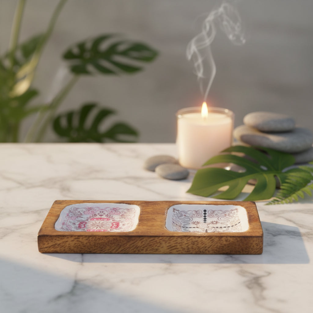 A double trinket tray with blue enamel print on mango wood, featuring celestial motifs.