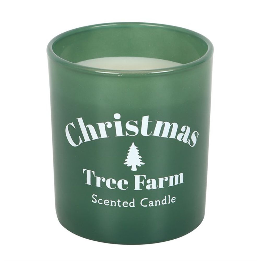 Green candle with 'Christmas Tree Farm Scented Candle' text on a white background