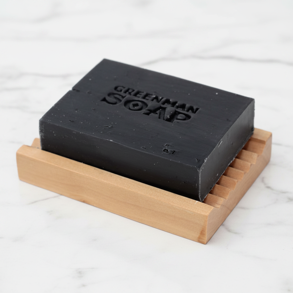 Black soap bar on a wooden soap dish with 'Greenman Soap' branding.