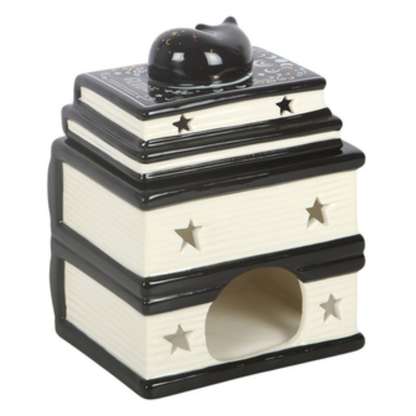 Book Stack Oil Burner with Black Cat