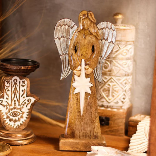 Mango Wood Angel with Silver Wings – Peace and Grace